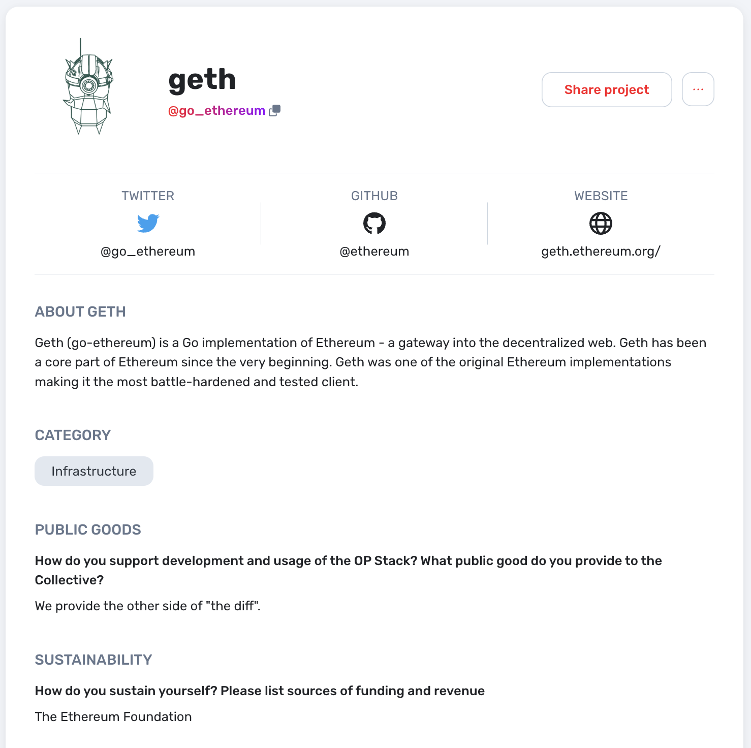 Geth’s Project Profile: https://app.optimism.io/retropgf-discovery/0x60AdC0F89a41AF237ce73554EDe170D733ec14E0